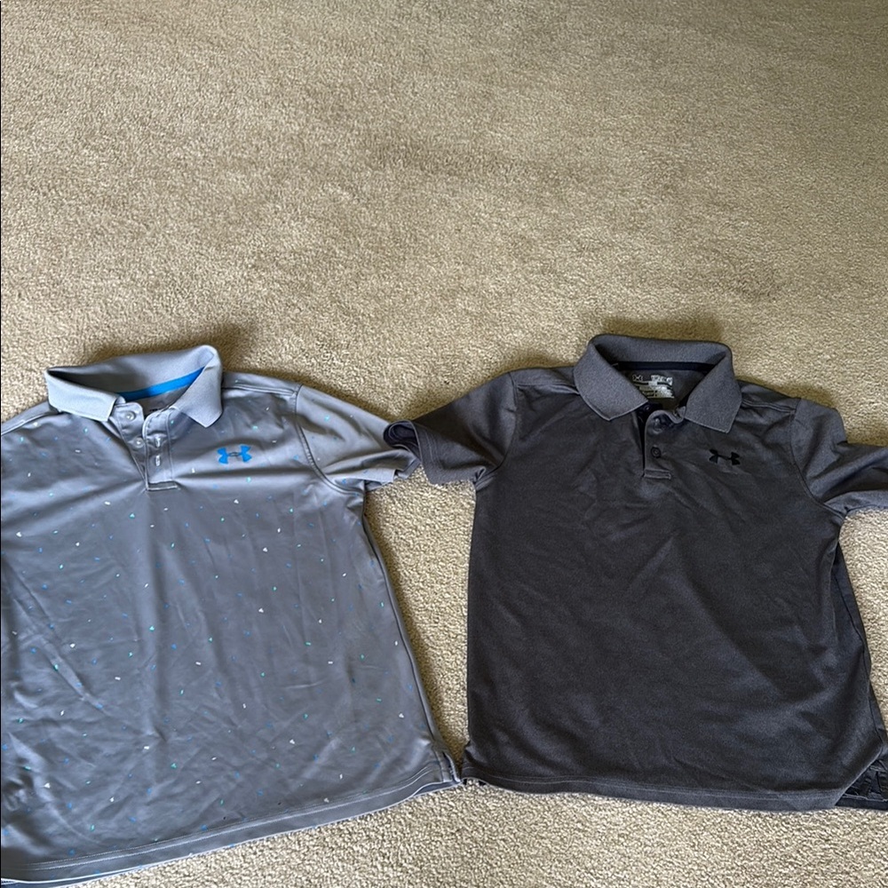 Two boys gray under armour polos in very good condition